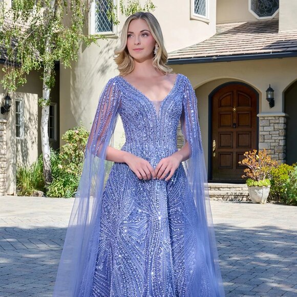 New Smoky Blue Beaded Maxi Mother Of Bride Mesh Gown w/ Cape Sleeves GL3833 - Picture 4 of 13